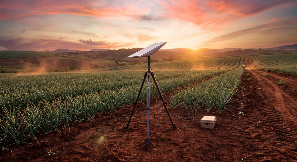 Starlink antenna in a rural field during a golden sunset