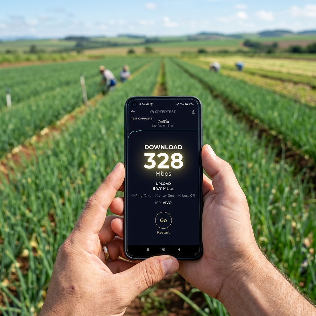 Farmer checking 300Mbps speed test result on smartphone in an onion field